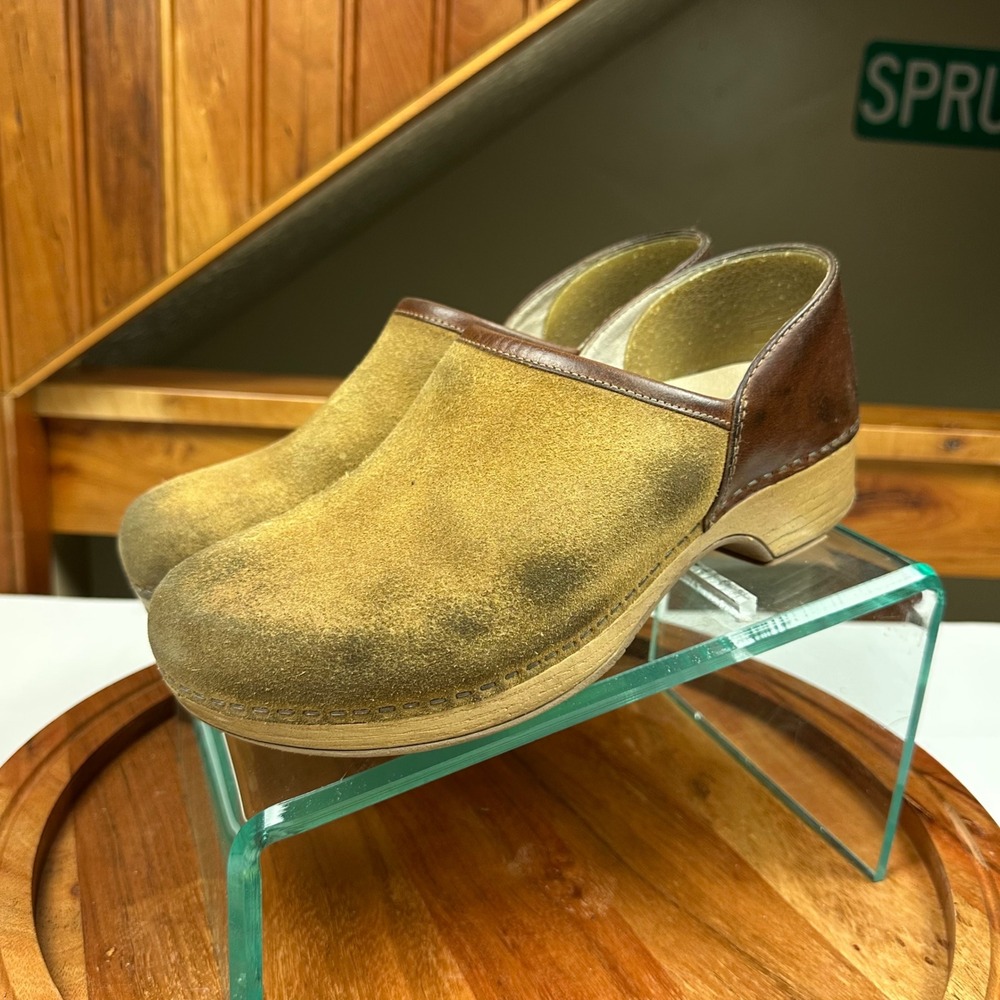 Dansko Professional Clogs Womens 37 Brown Tan Suede Leather Two Tone Mules